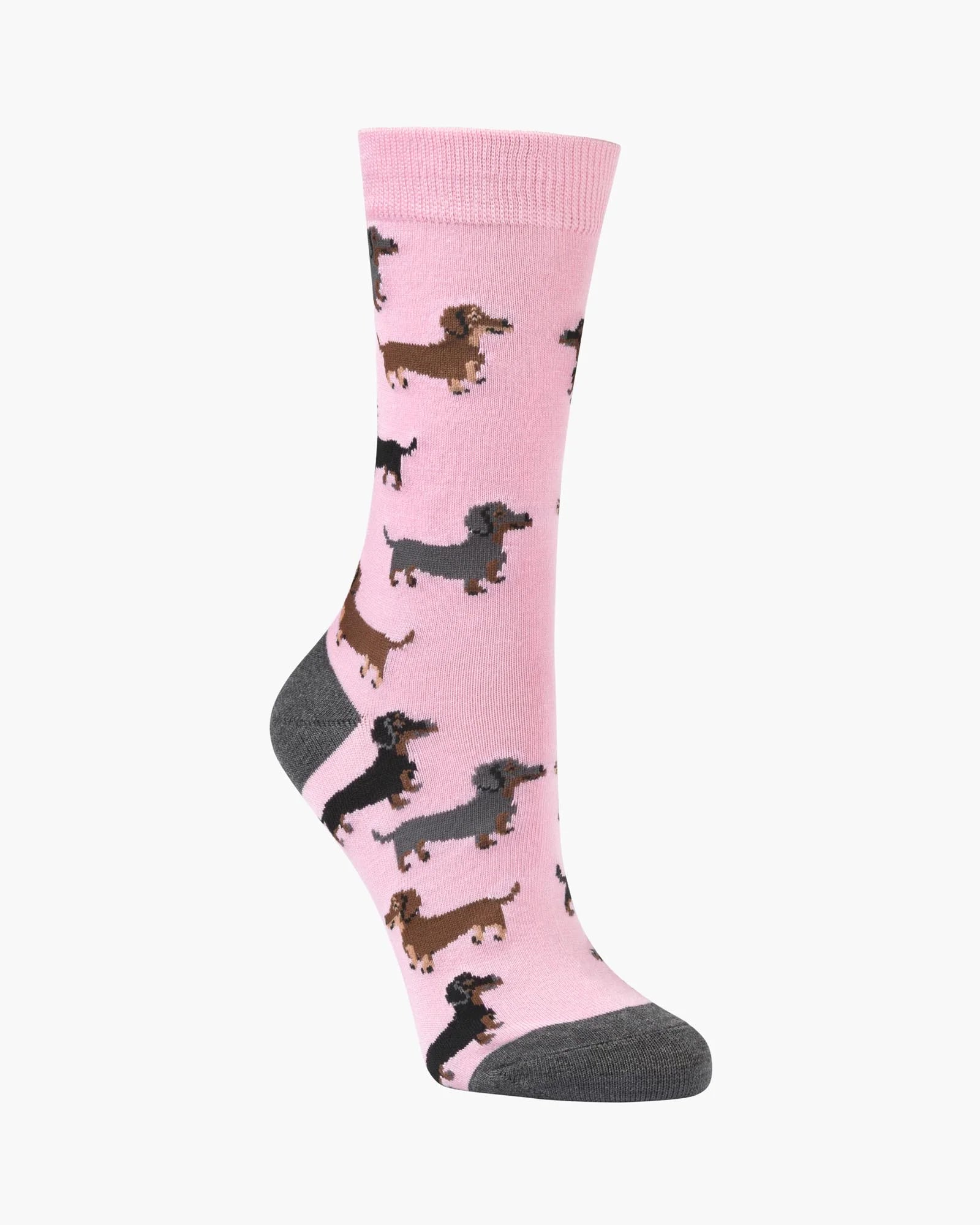 Pink sock with dachshund pattern on a white background