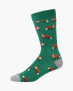 Green sock with red fox pattern on a white background