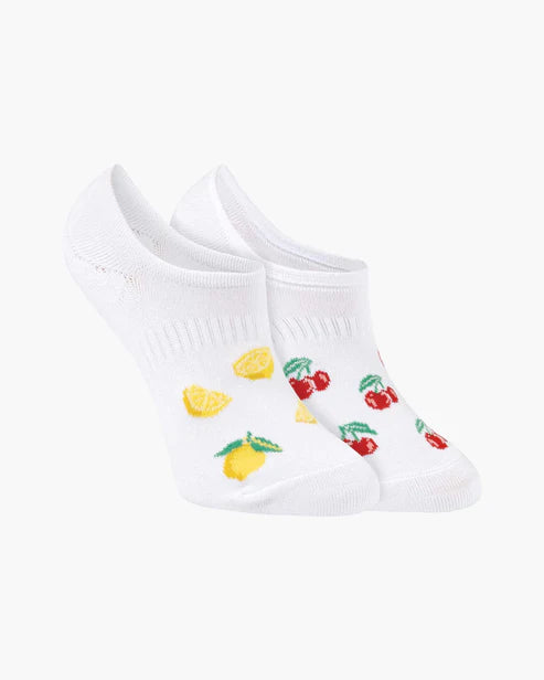 White socks with lemon and cherry designs on a white background
