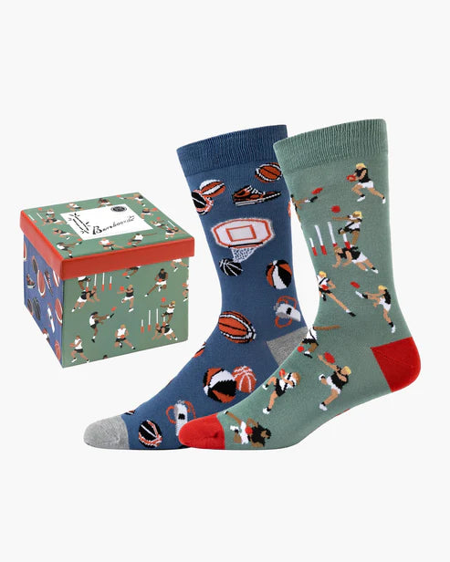 Colorful socks with sports-themed designs and a matching gift box on a white background