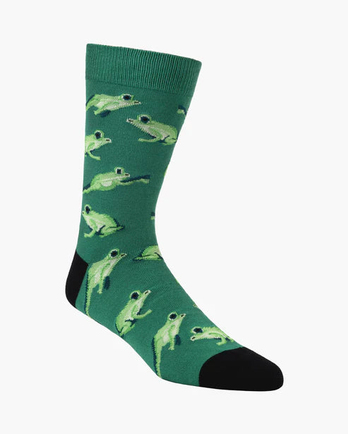 Green sock with frog pattern on a white background
