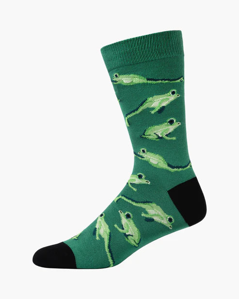 Green sock with frog pattern on a white background
