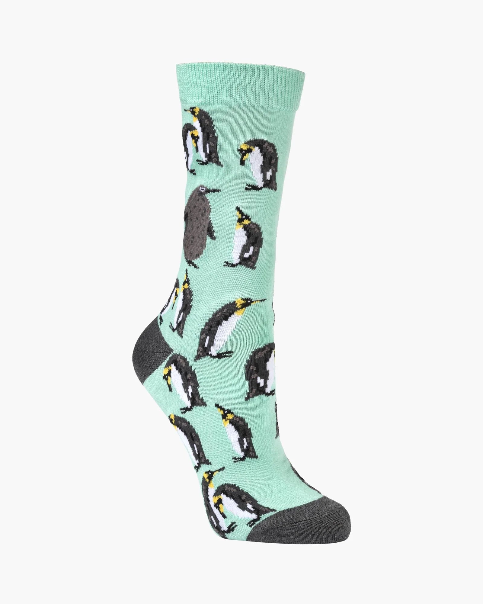 Mint green sock with penguin pattern on a white background