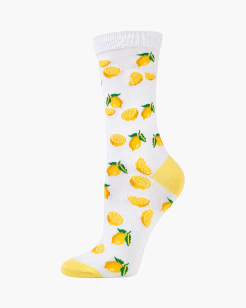 White socks with yellow lemon pattern on a white background