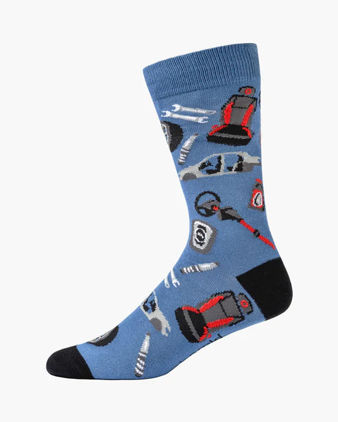Blue sock with car-themed design on a white background
