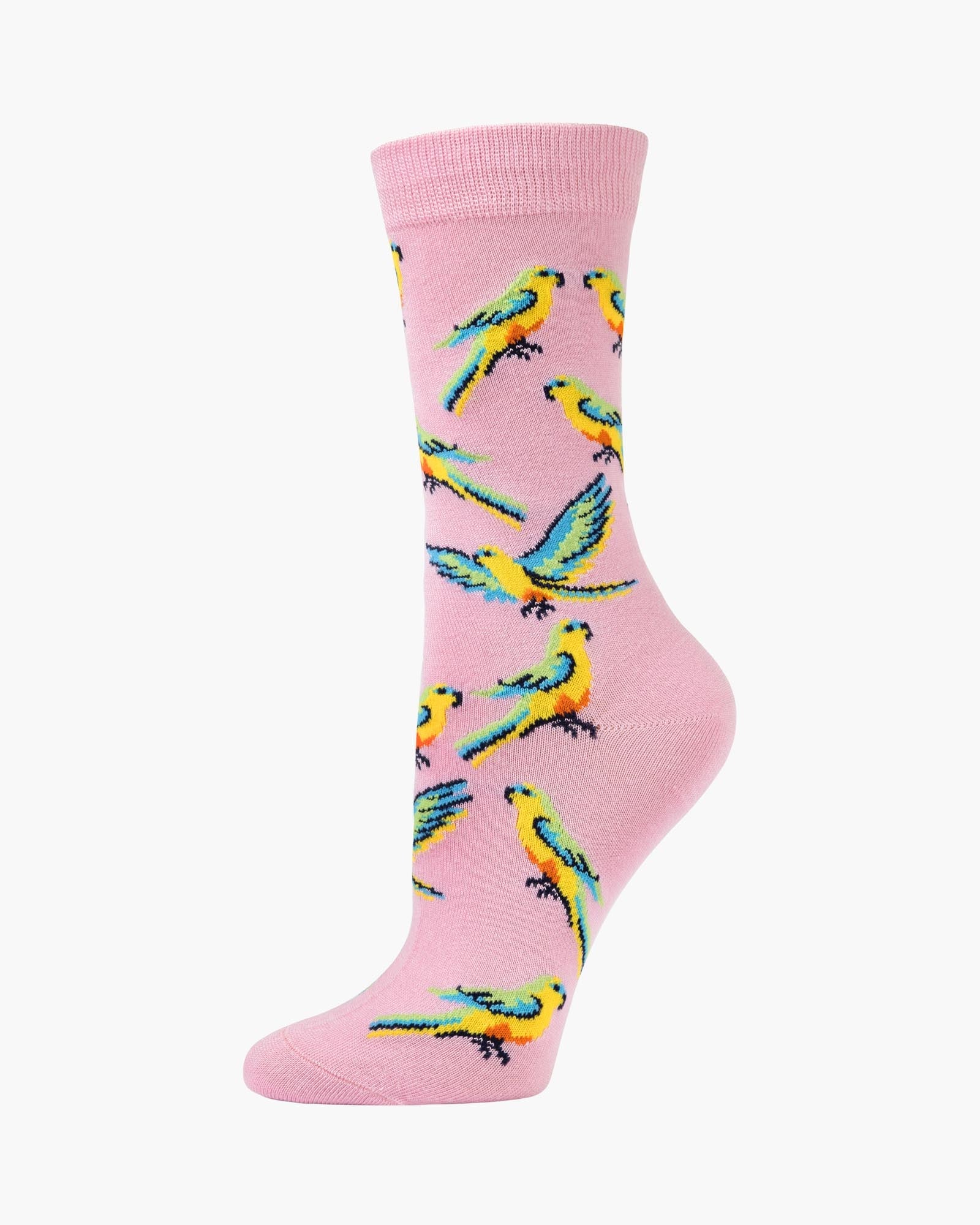 Pink sock with colorful parrot pattern on a white background