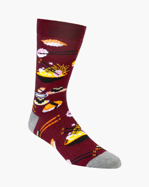 Maroon sock with sushi design on a white background