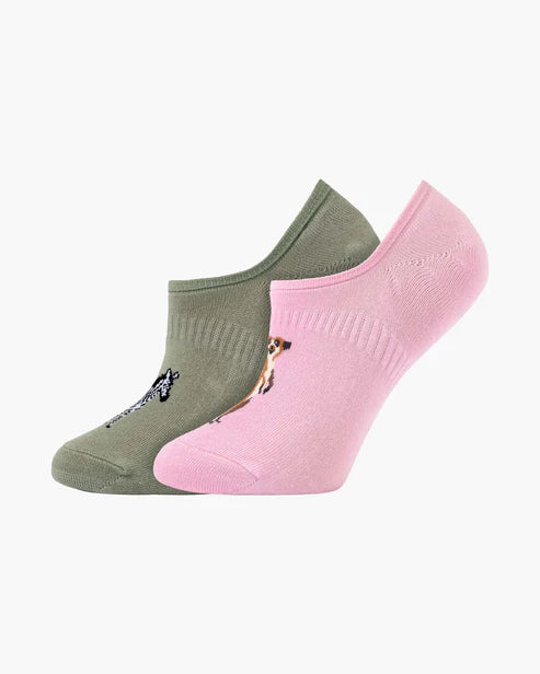 Two pairs of socks, one green and one pink, on a white background