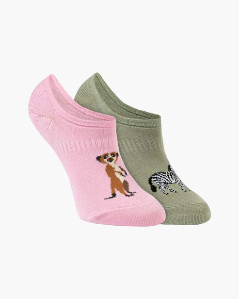 Two pairs of socks, one pink and one green, with animal designs on a white background.