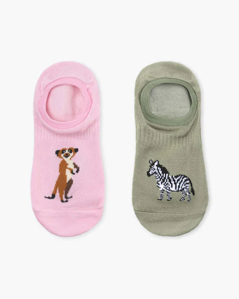 Two pairs of no-show socks with animal designs on a white background