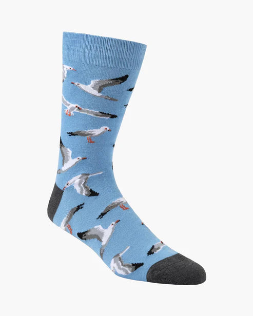 Blue sock with seagull pattern on a white background