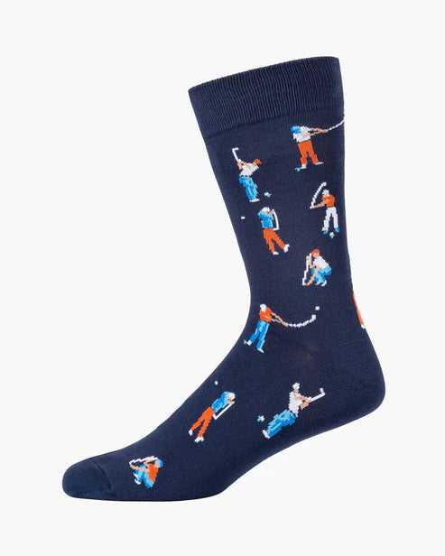 Navy sock with golf-themed design on a white background