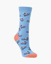 Light blue sock with duck pattern and orange heel and toe on a white background