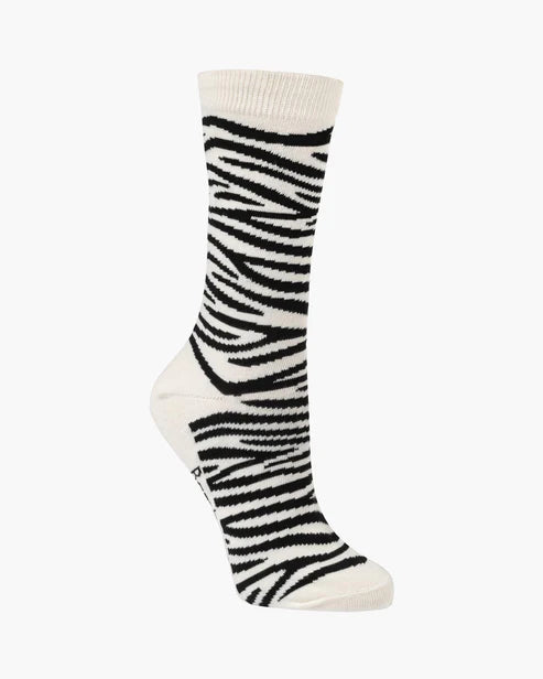 Zebra patterned sock on a white background
