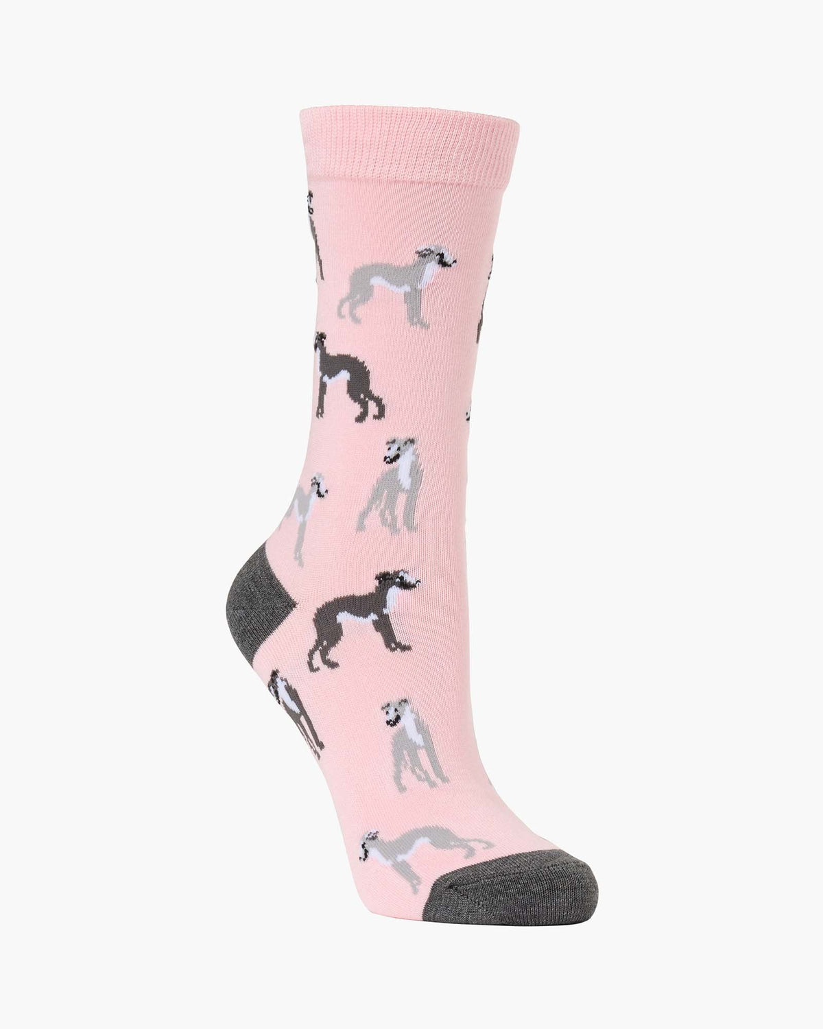 A single pink crew sock with a pattern of greyhound dogs in black and grey, featuring dark grey heels, soles, and toes, shown against a plain white background.