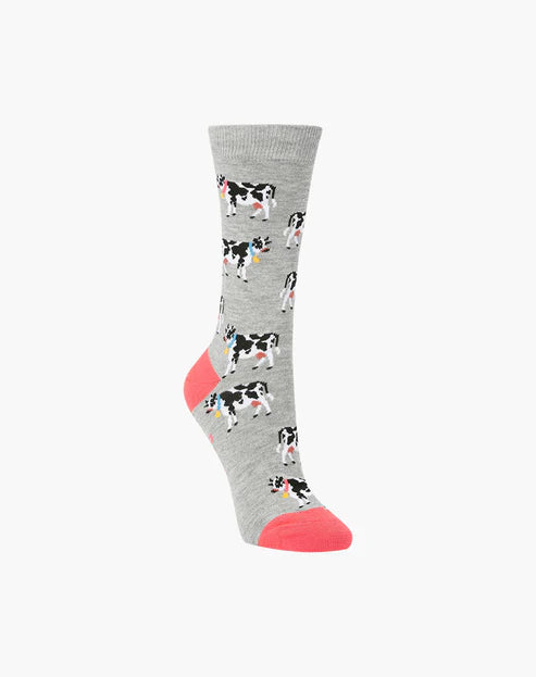 Jezebel Cow Women's Bamboo Crew Socks on Grey