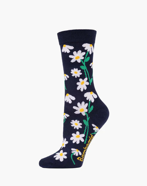 Daisies on Navy Women's Bamboo Crew Socks