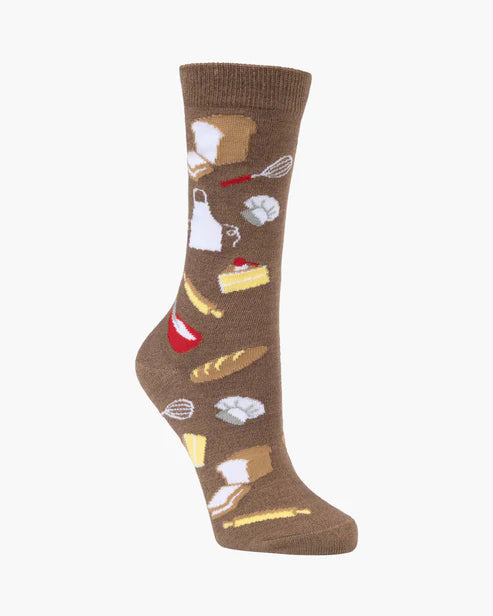 Brown sock with food-themed design on a white background