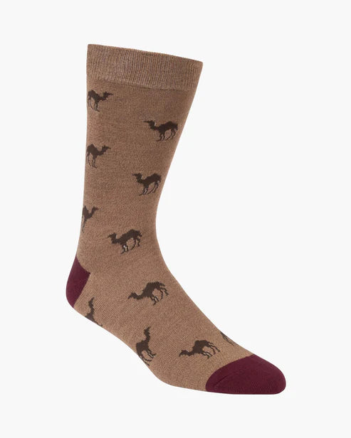 Brown sock with camel pattern on a white background