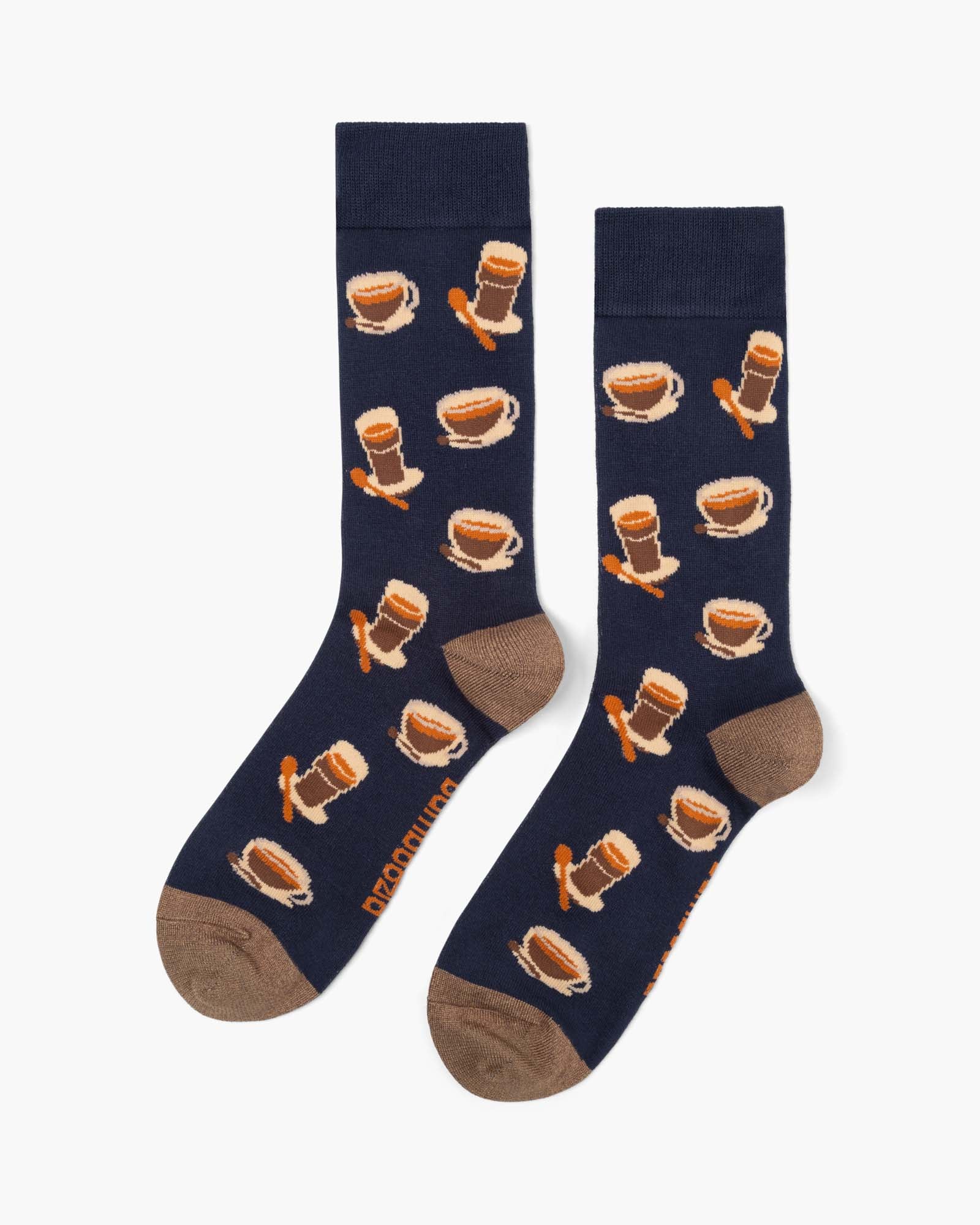Navy socks with coffee cup pattern on a white background