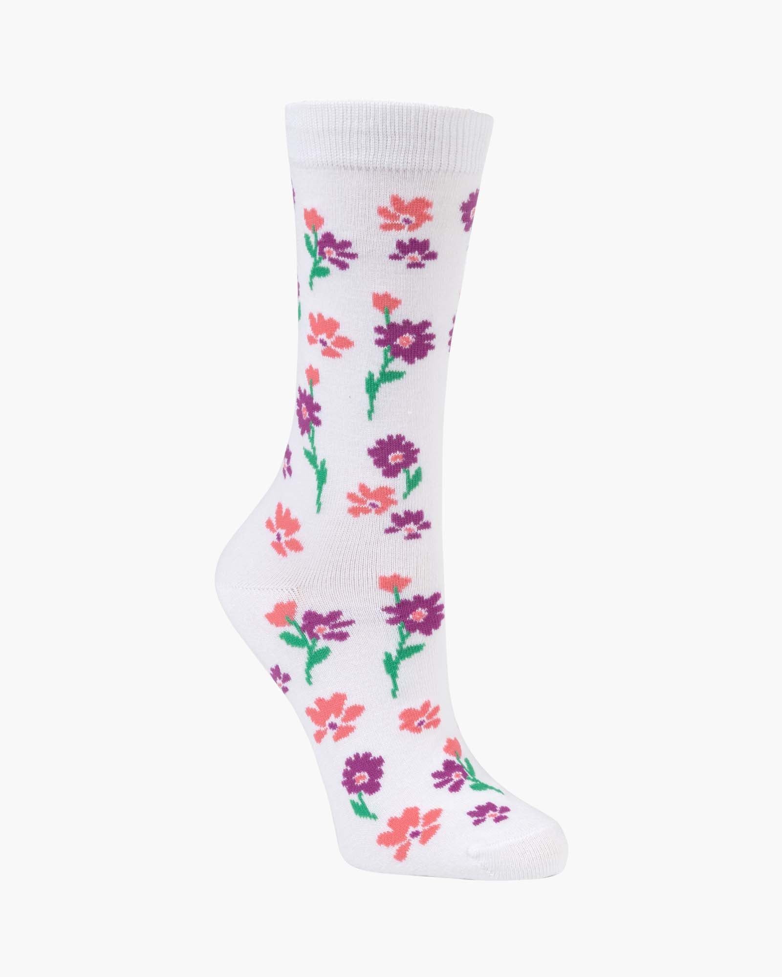 White sock with colorful floral pattern on a white background