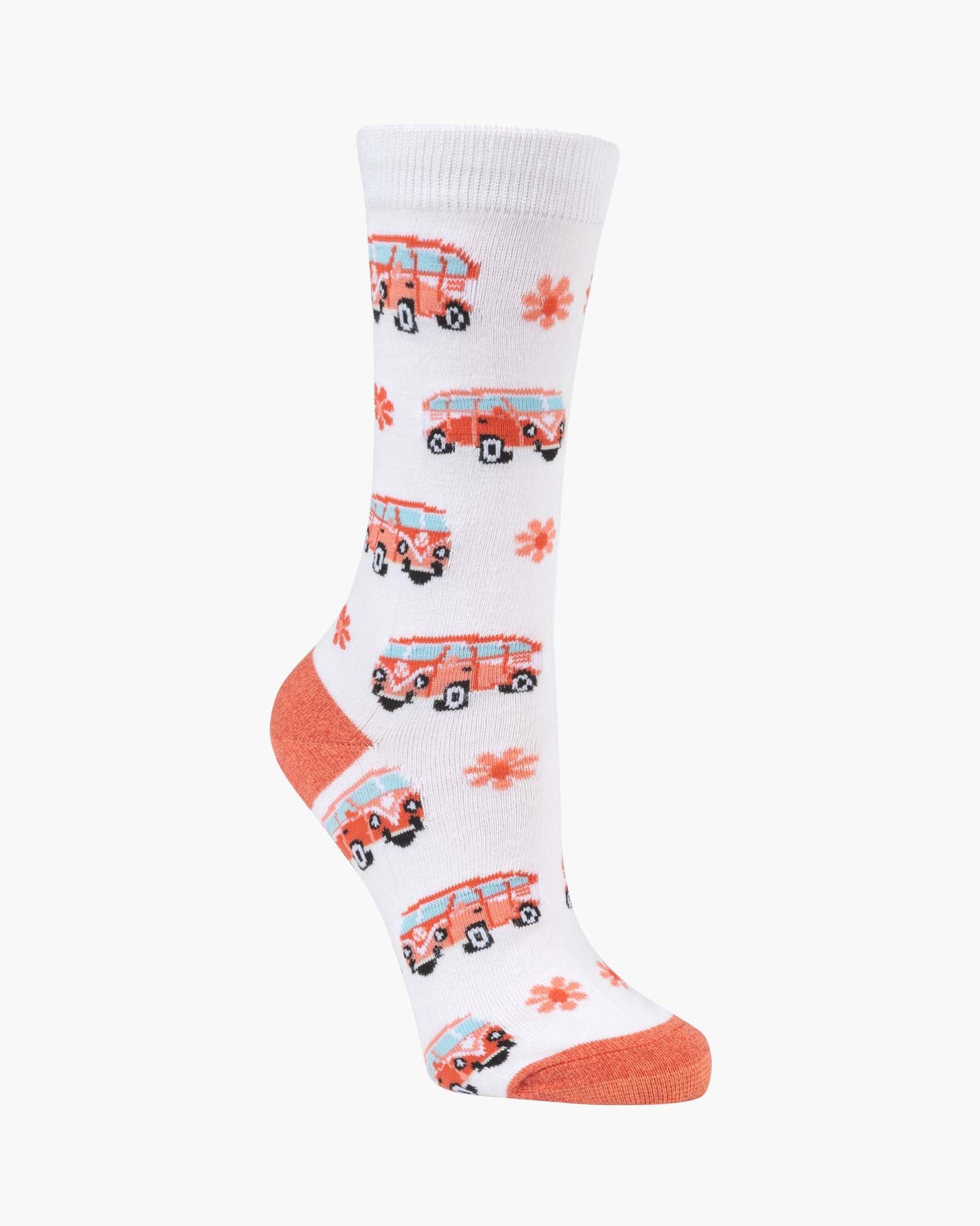 White sock with red bus pattern on a white background
