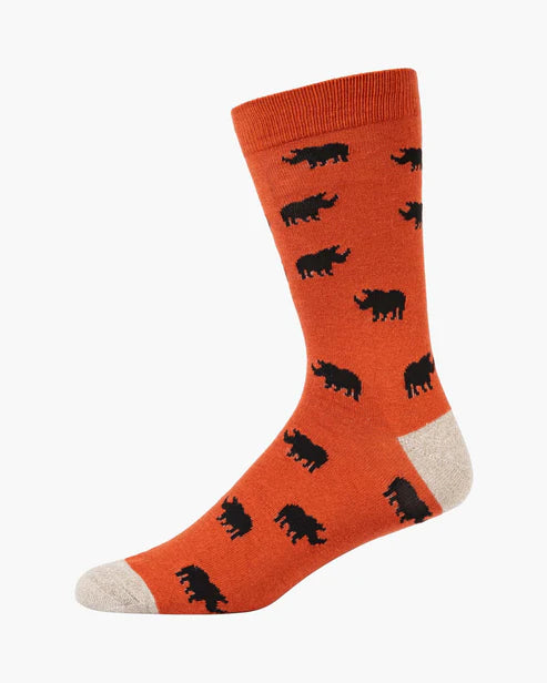 Ditsy Rhinos on Rust Mens Crew Sock