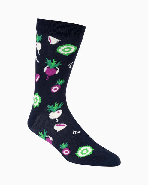 Navy sock with colorful vegetable designs on a white background