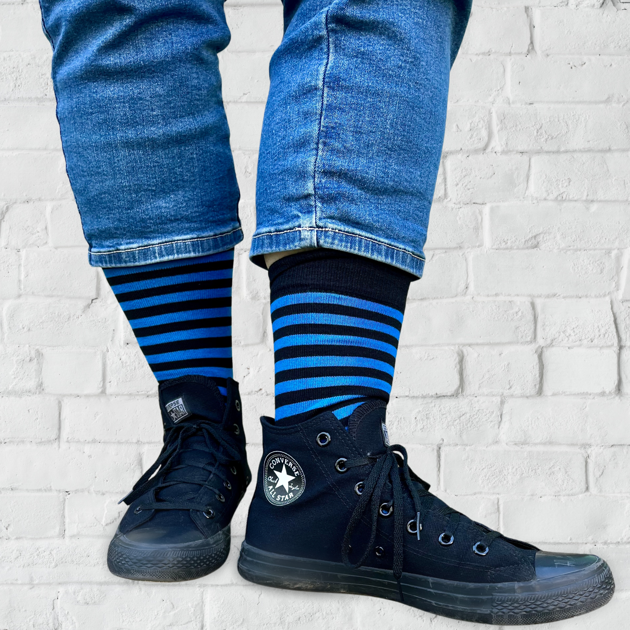 Blue Stripes on Black Crew Socks