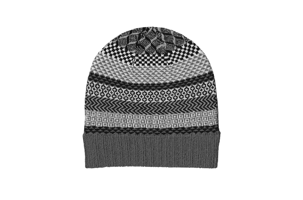 Gray knit beanie with geometric pattern on a white background