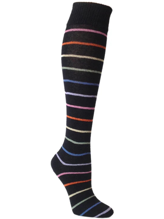 Black knee-high sock with multicolored stripes on a white background