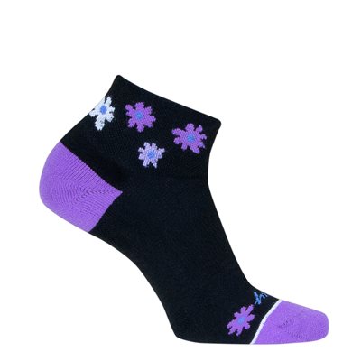 Black ankle sock with purple accents and flower patterns on a white background