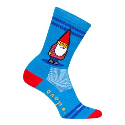 Blue sock with a gnome design on a white background