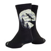 Black socks with a wolf and moon design on a white background