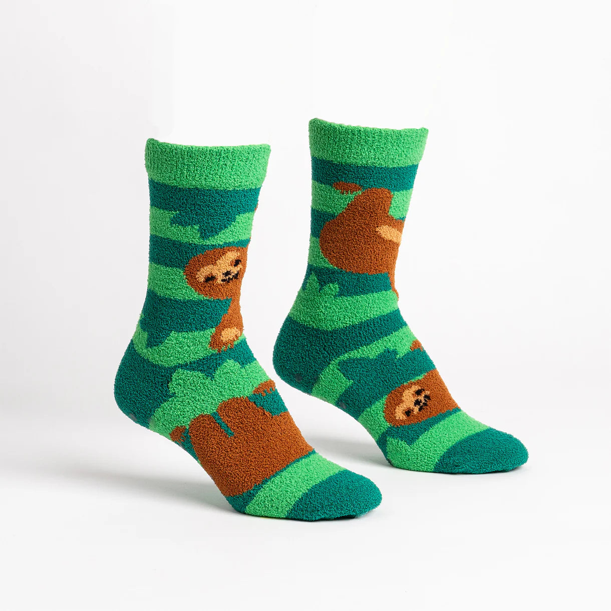 Green socks with sloths patterns on a white background