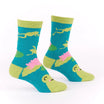 Pair of socks with green frog design on a white background
