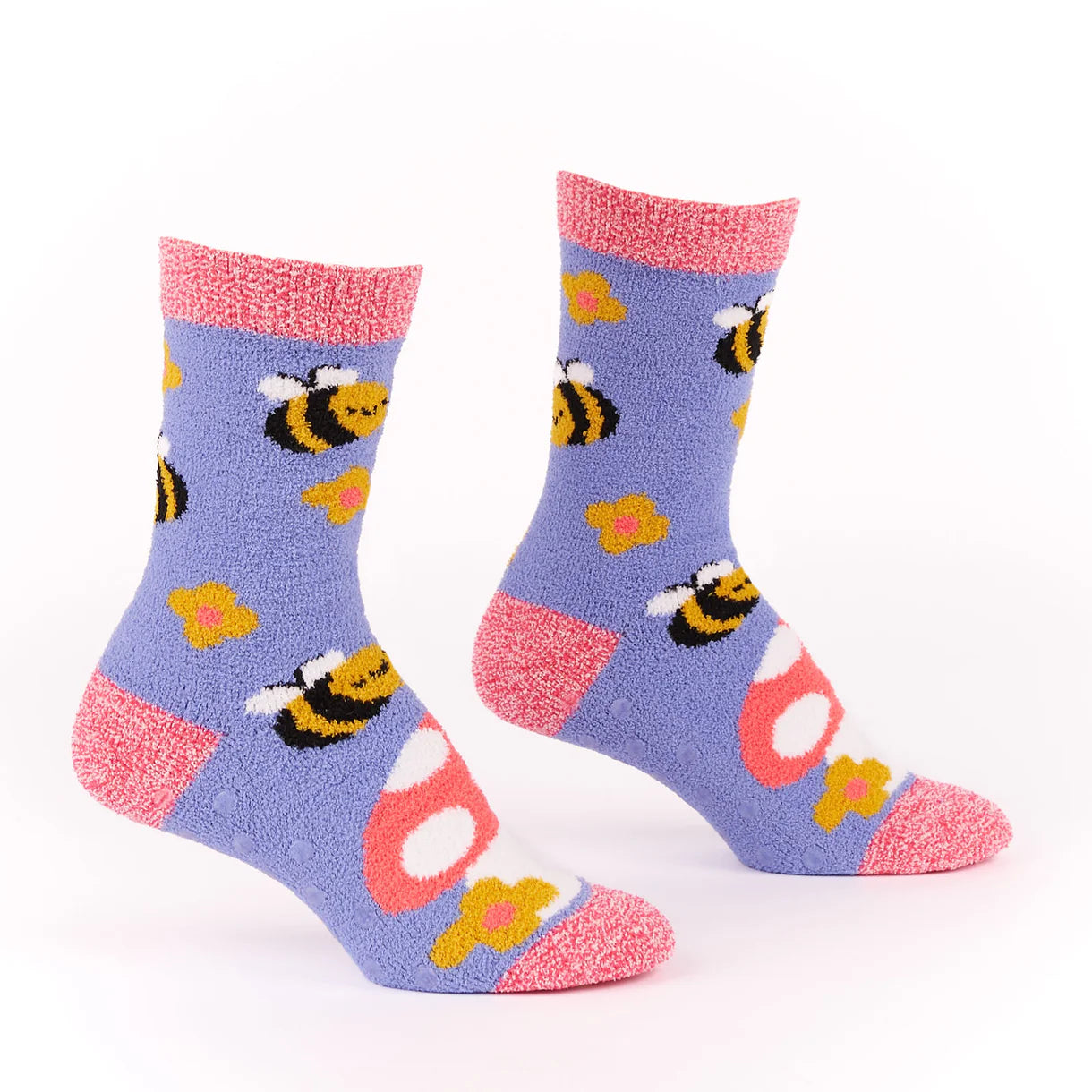 Pair of socks with bee and flower pattern on a light purple background