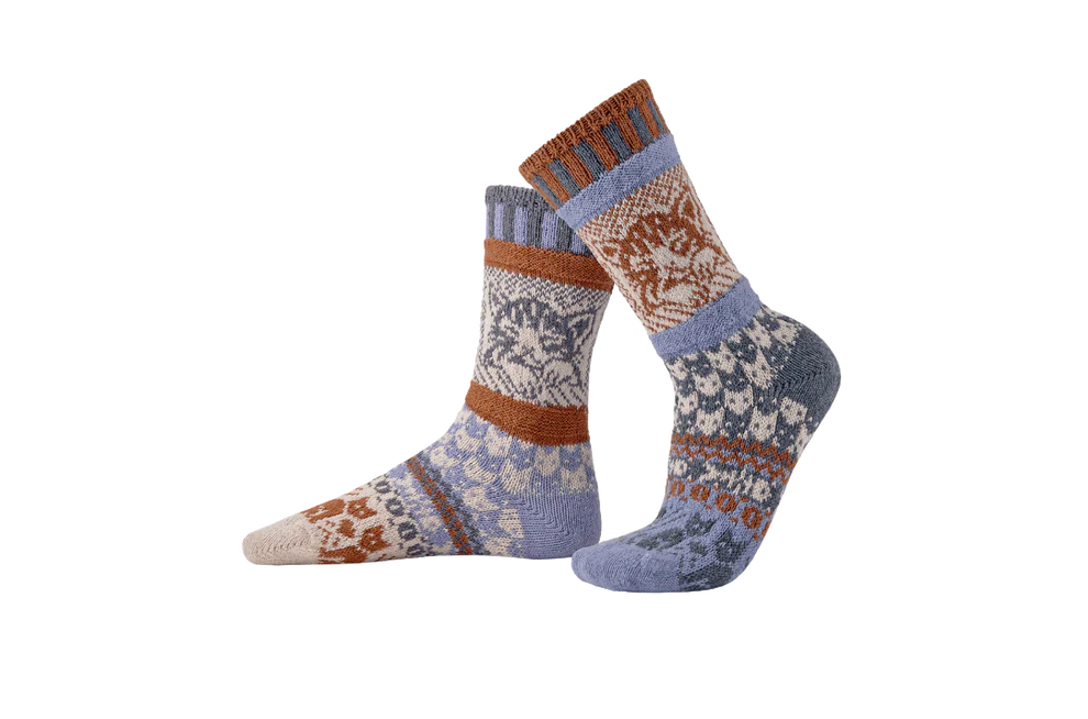 Pair of patterned socks on a white background