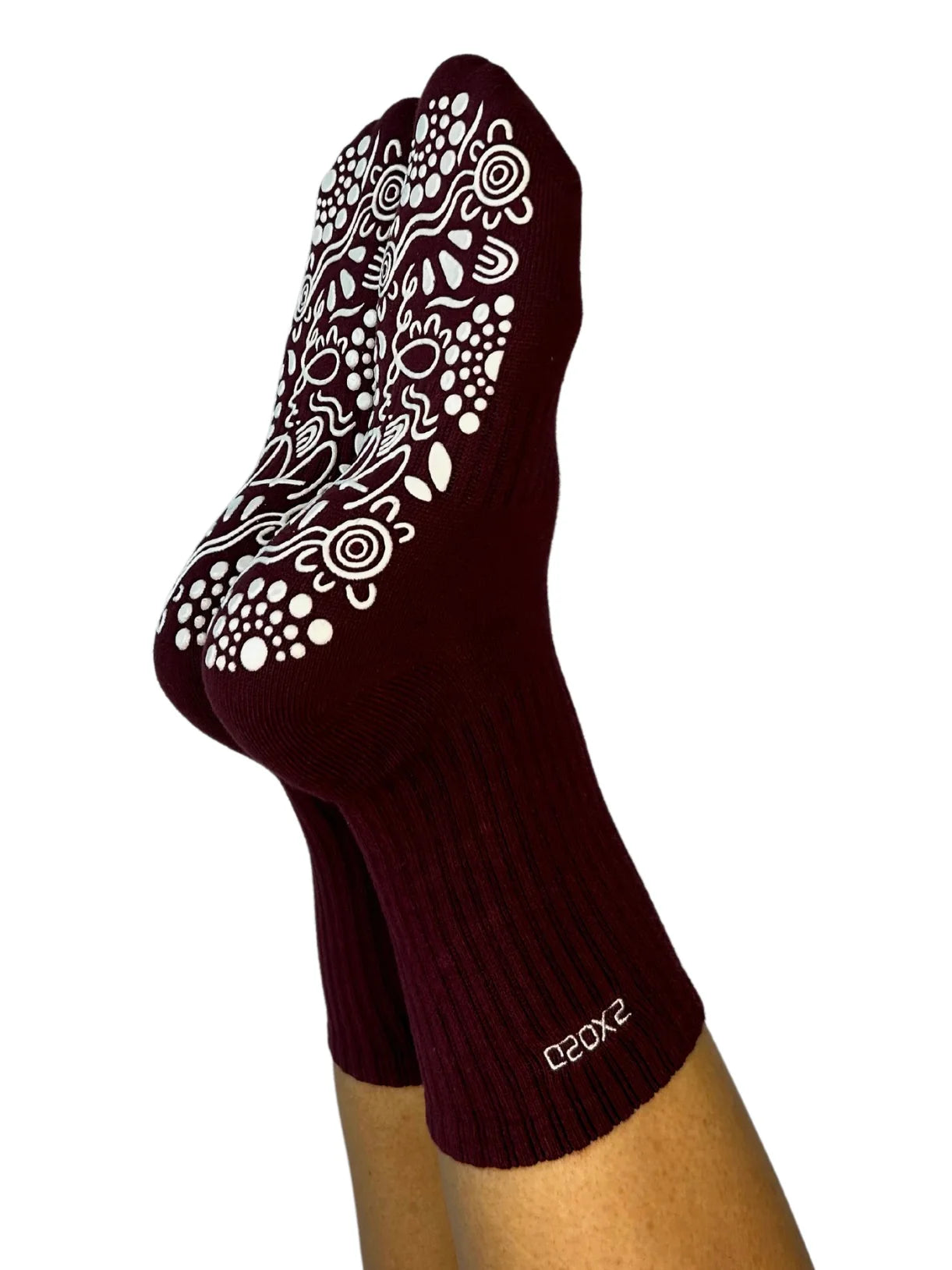 Birdee Crew Grip Socks in Plum and White - The Sockery