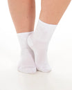 White socks worn by a person on a white background