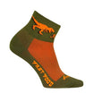 Green and orange sock with dinosaur design and 'Fast Food' text on a white background