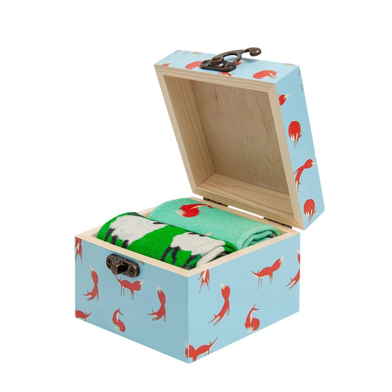 Open wooden box with colorful socks inside on a white background