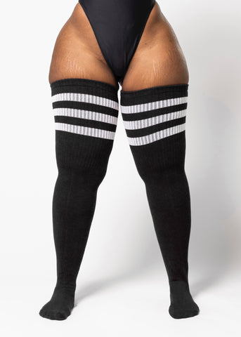 Plus Size Thigh High Socks in Black with White Stripes - The Sockery