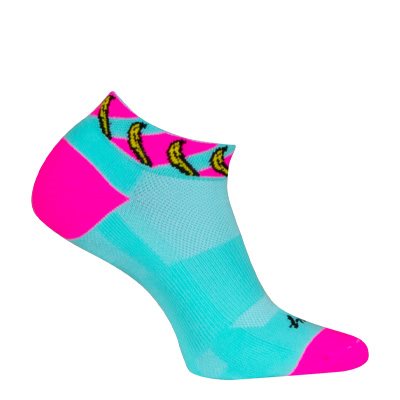 Teal and pink sock with banana graphic on a white background
