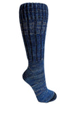A single knee-high ribbed knit sock in a heathered blue and navy colorway, shown on a plain white background.