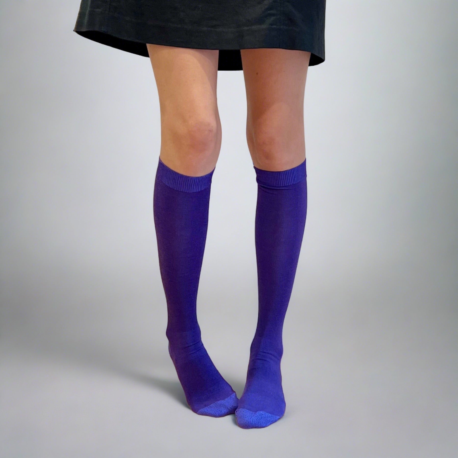 lady wearing ultraviolet knee high wool socks - The Sockery