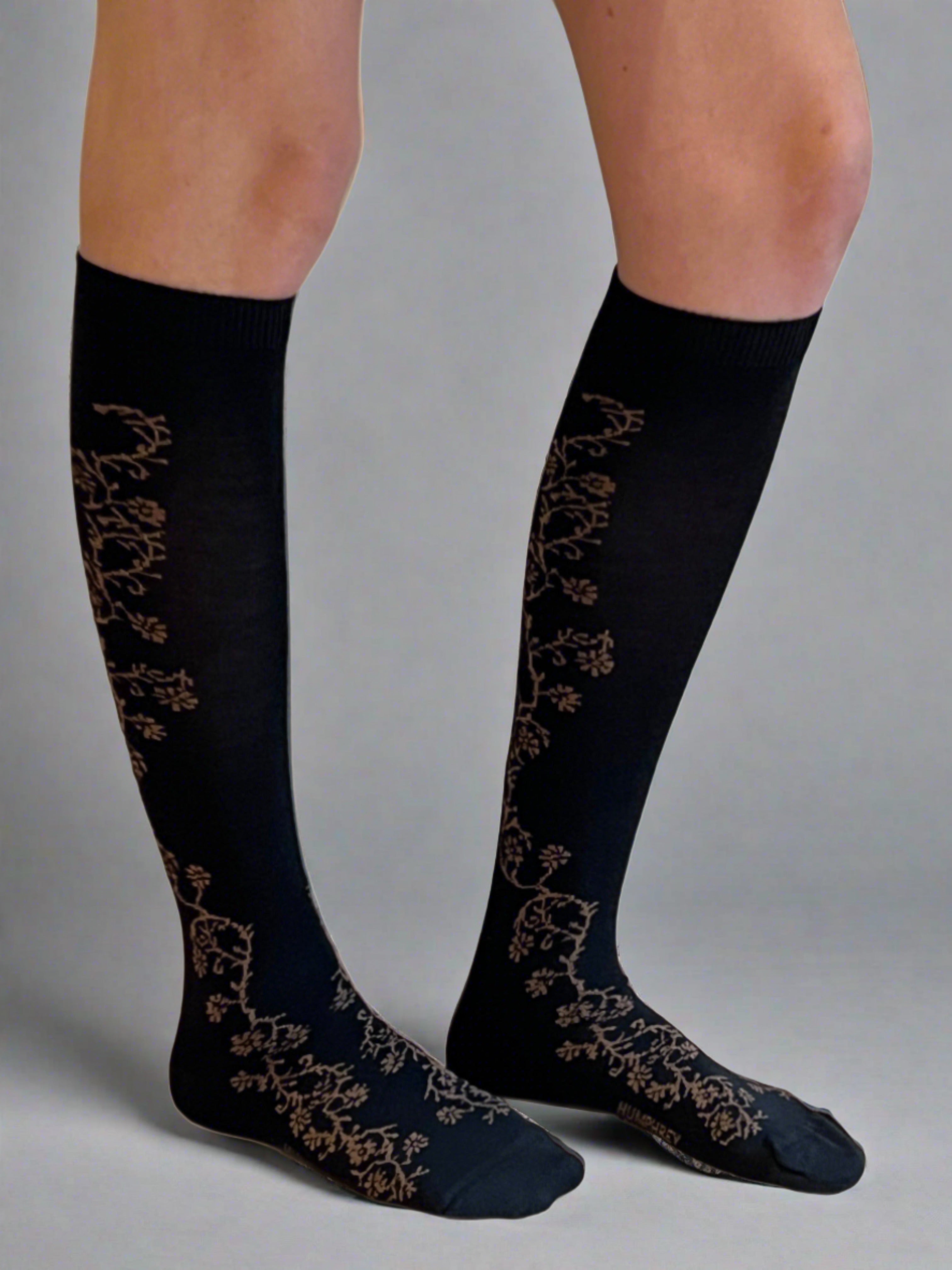 Jasmine Vine Black Merino Wool Women's Knee High Socks - Aussie Made