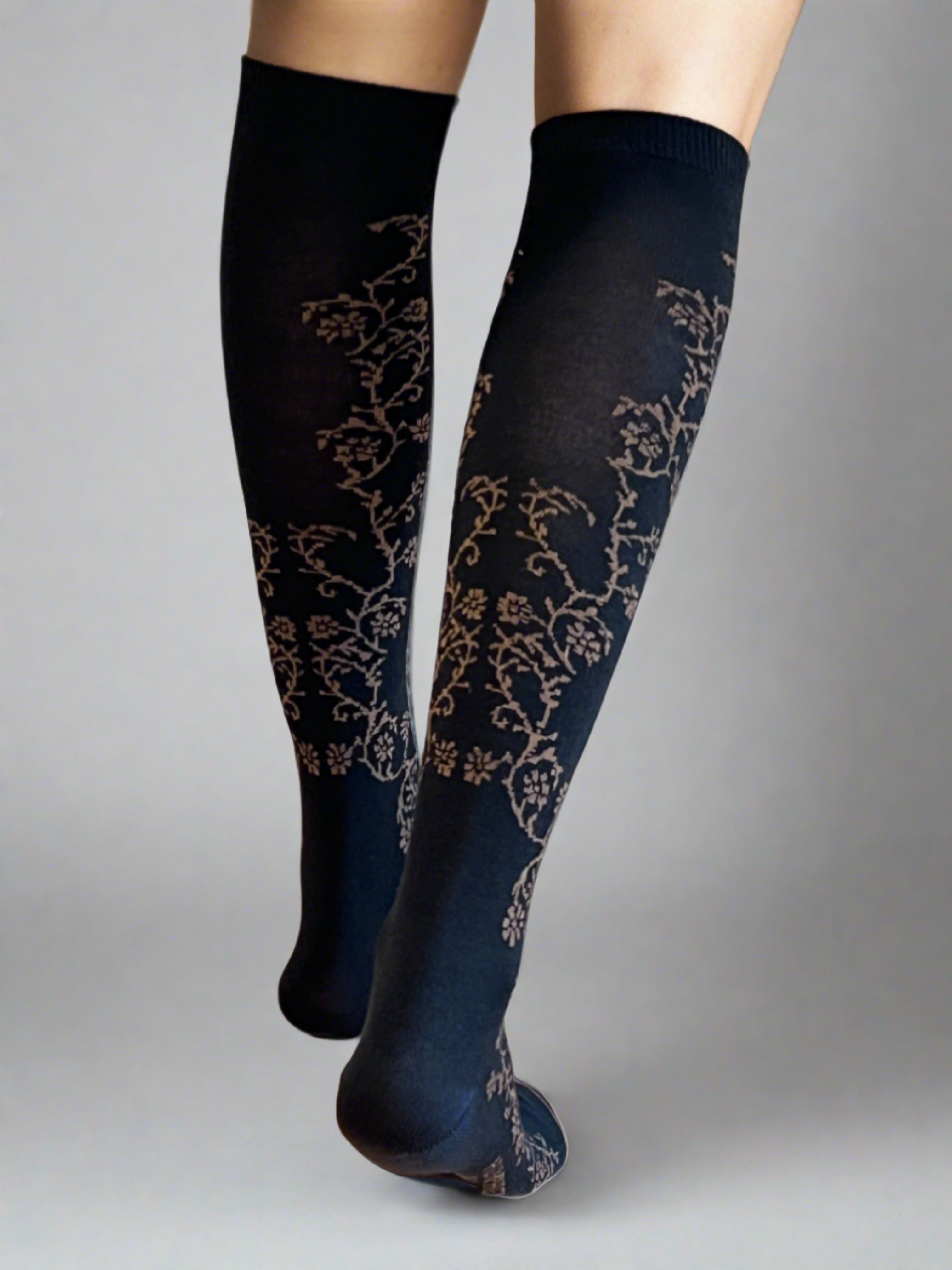 Jasmine Vine Black Merino Wool Women's Knee High Socks - Aussie Made
