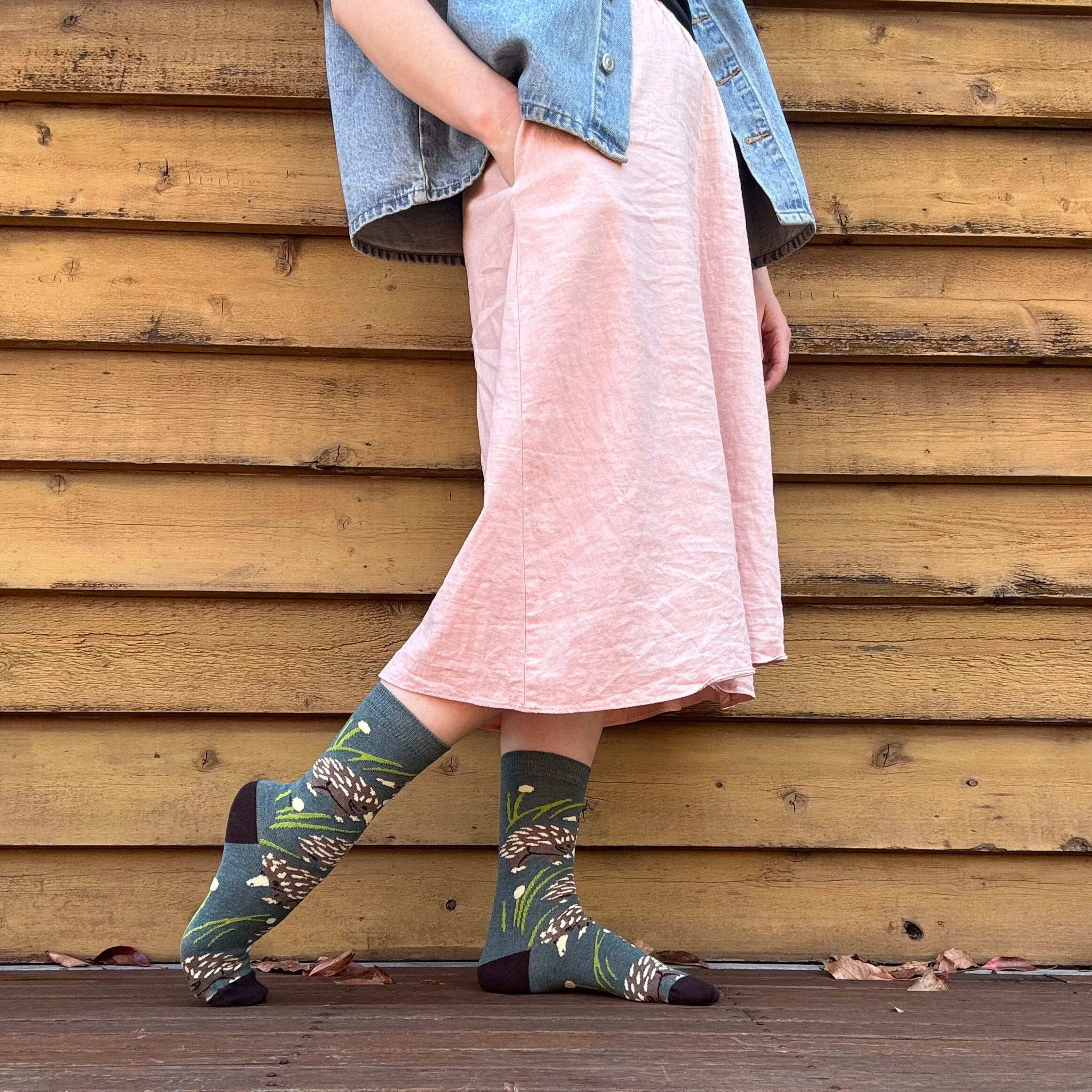 woman wearing echidna socks