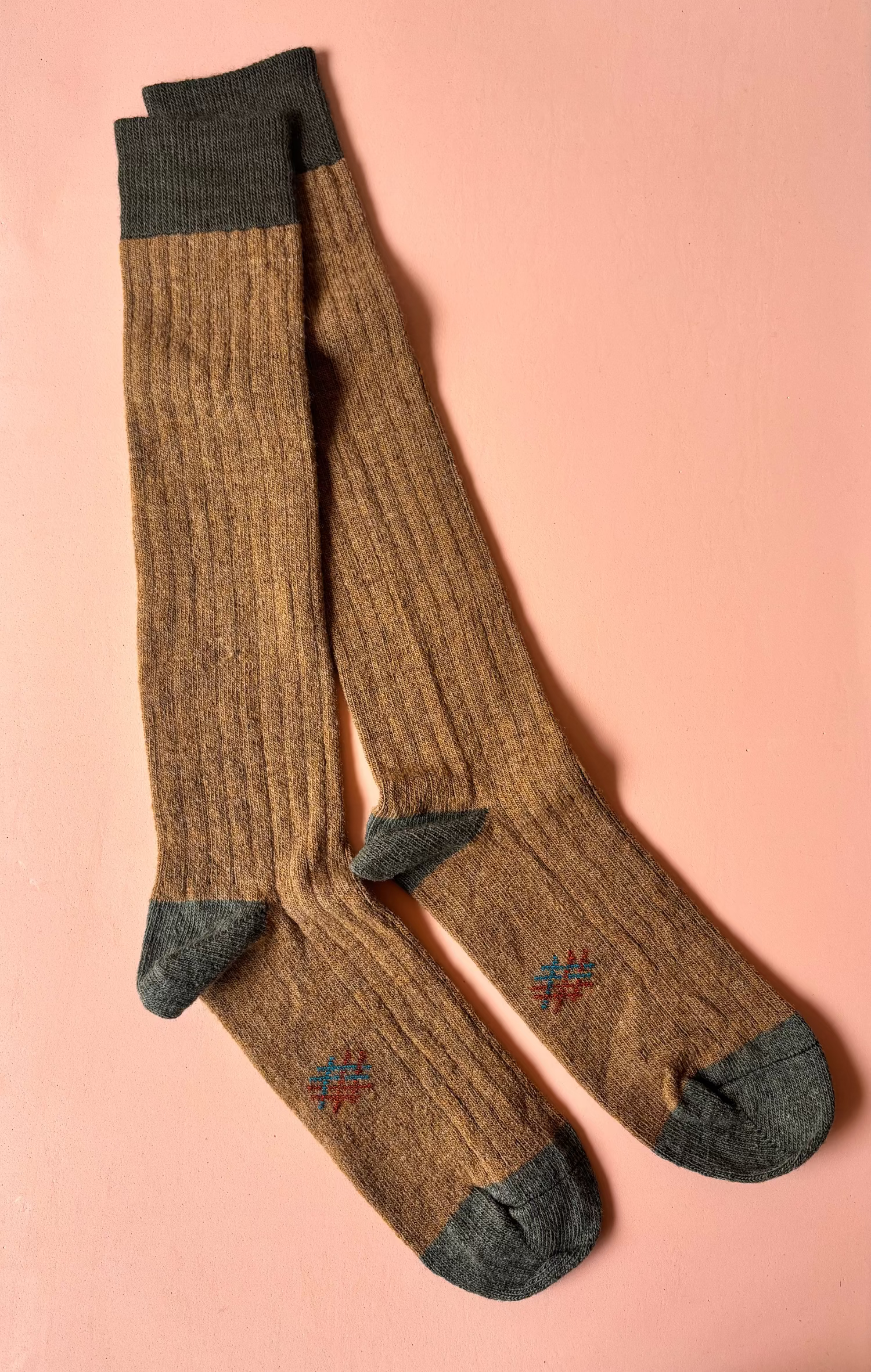Wool Ribbed Knee High Sock in Honey and Olive Green
